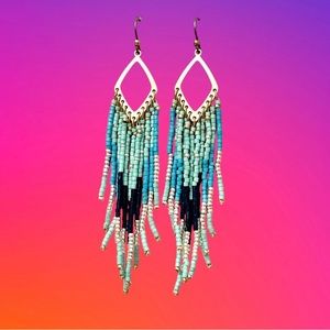 Lucky Two-Tone Kite-Shape & Seed Beaded Fringe Statement Earrings